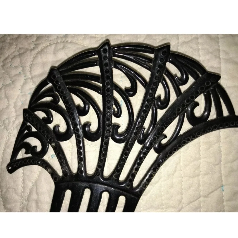 2 Antique black‎ celluloid HAIR COMB rhinestone